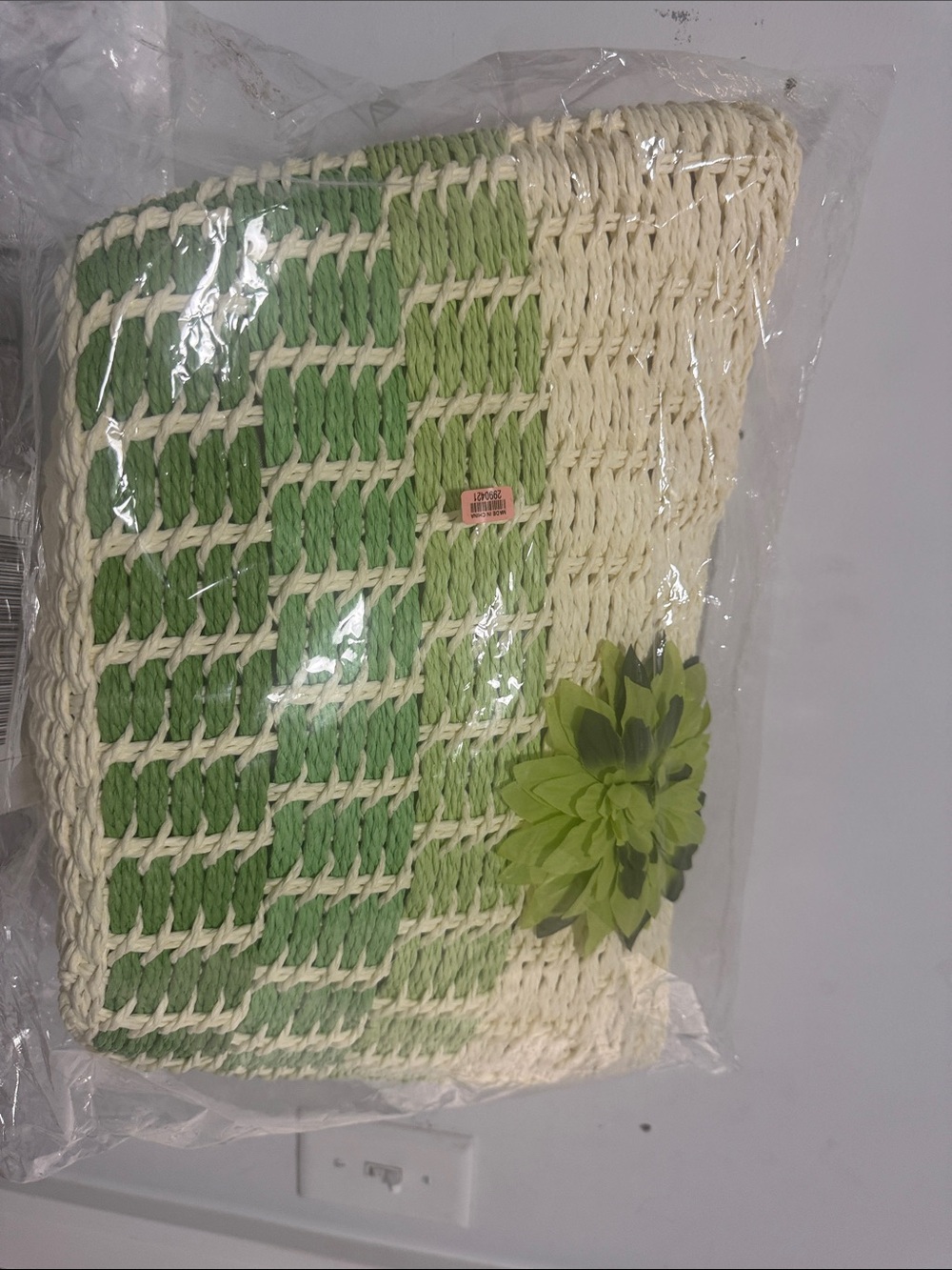 Woven Cream and Light Green Floral Accent Tote Bag